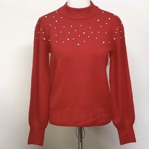 CeCe Knit Pearl Mock Neck Long Sleeve Sweater in Red Women's Small